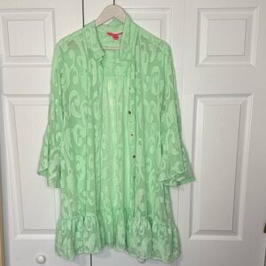 Lilly Pulitzer Linley Collared Cover-Up — Pistachio Green Poly Crepe Swirl Clip